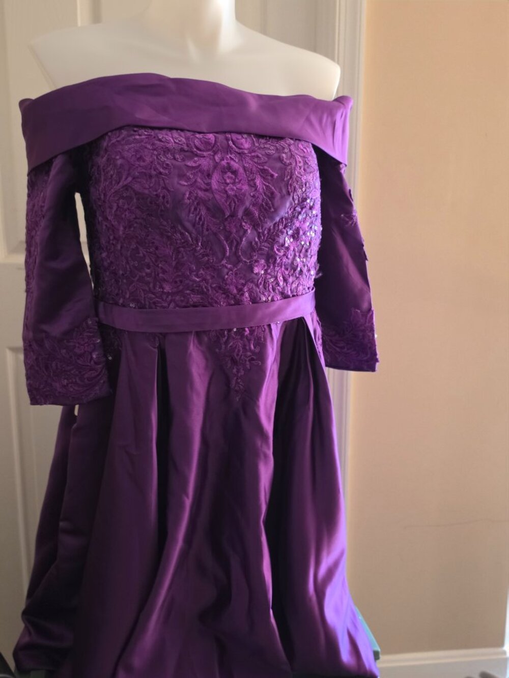 Stacees Purple Off-The-Shoulder Satin Evening Lace Bodice Dress